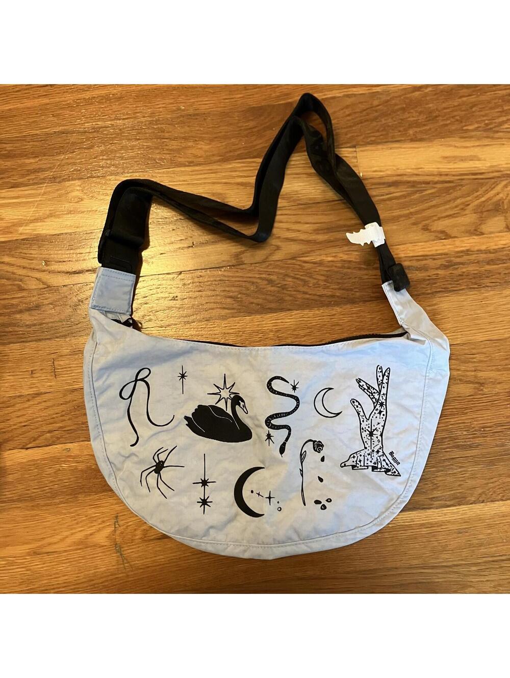 BAGGU Light Blue Crescent Crossbody with Black Celestial Prints